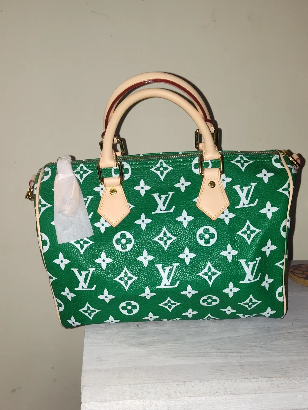 Source Unknown Green Monogram Satchel with Cream Handles